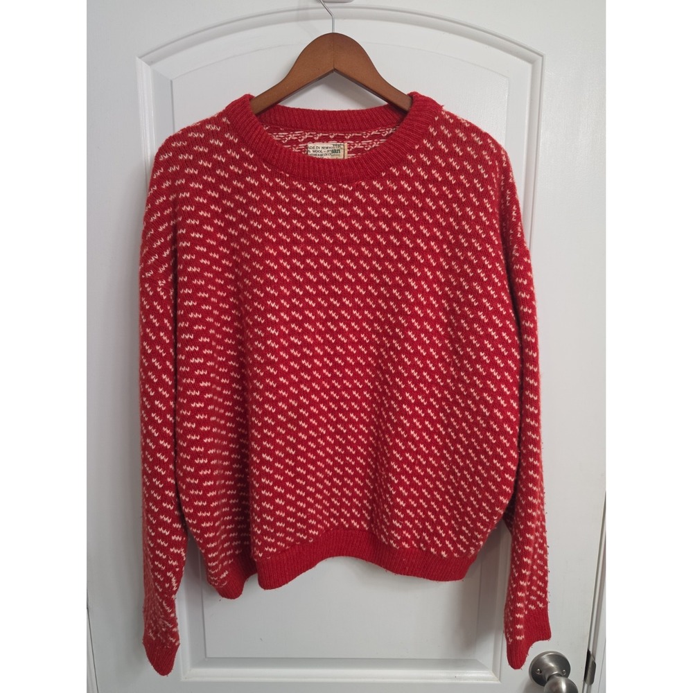 Vintage LL Bean Birdseye Wool Sweater Mens XL Fisherman RED White Norway Made